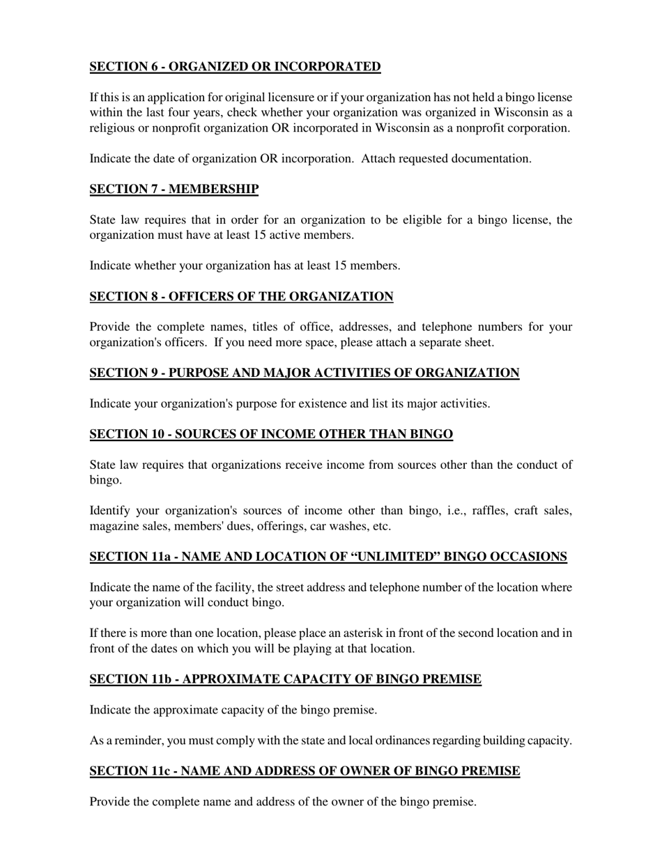 Instructions for Form DOA-11625 Bingo License Application - Wisconsin, Page 3