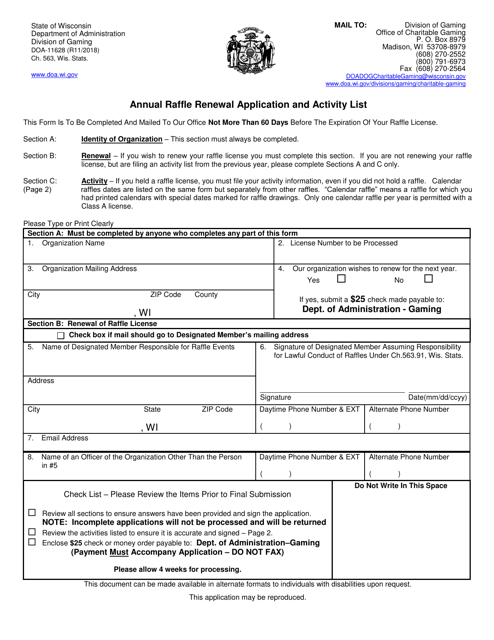 Form DOA-11628 Annual Raffle Renewal Application and Activity List - Wisconsin