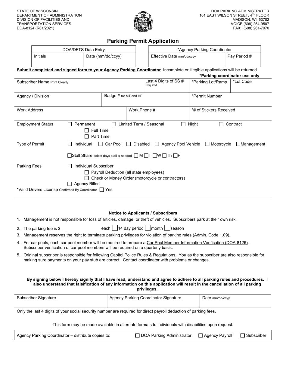 Form DOA-8124 Parking Permit Application - Wisconsin, Page 1