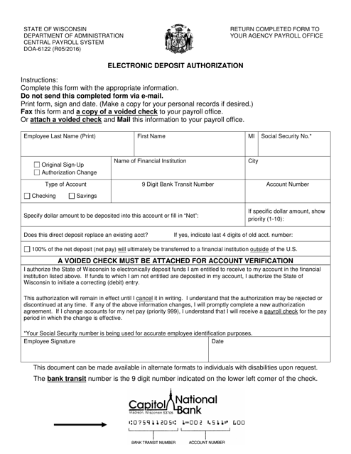 Form DOA-6122 Electronic Deposit Authorization - Wisconsin