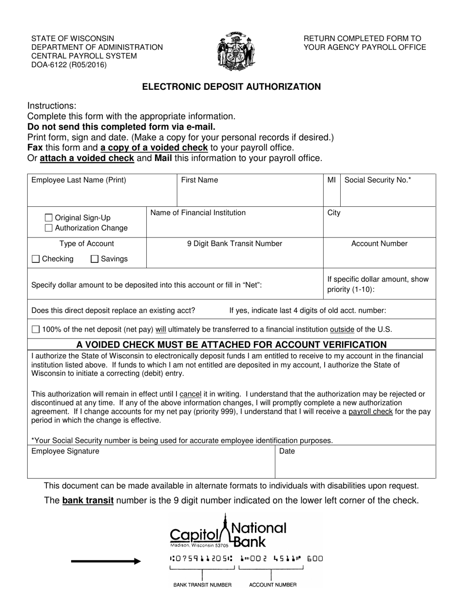 Form DOA-6122 Electronic Deposit Authorization - Wisconsin, Page 1