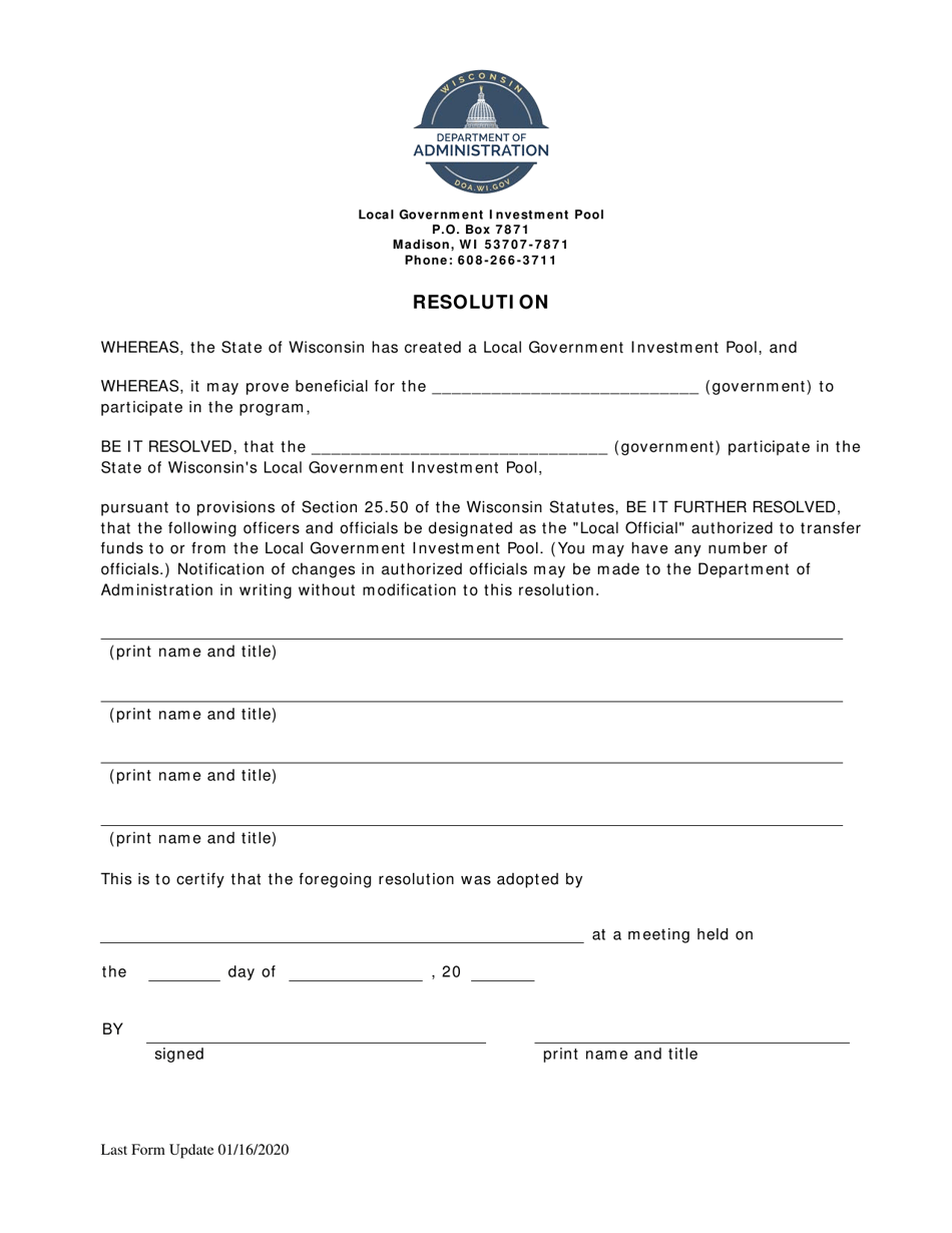 Resolution - Local Government Investment Pool - Wisconsin, Page 1