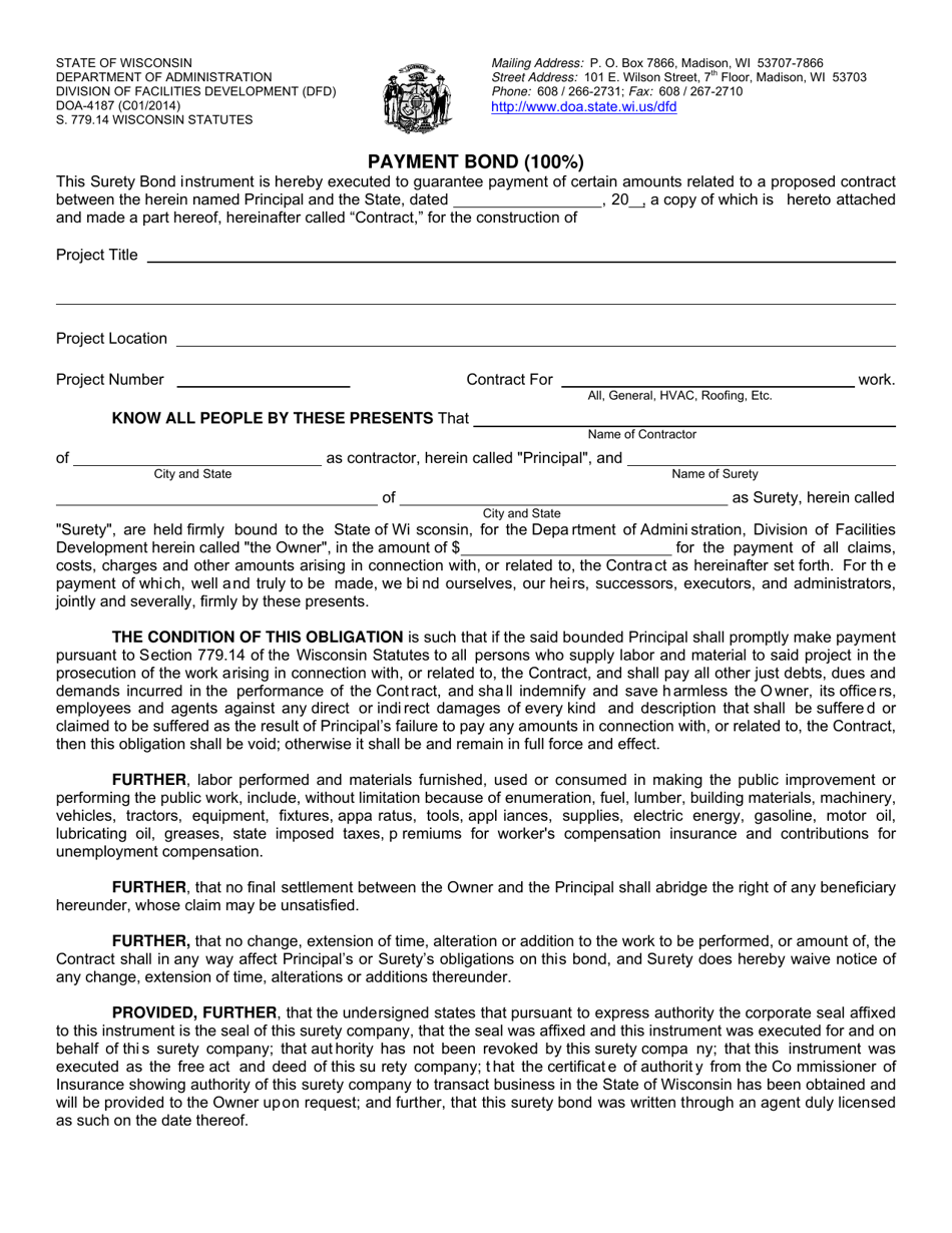 Form DOA-4187 Payment Bond (100%) - Wisconsin, Page 1