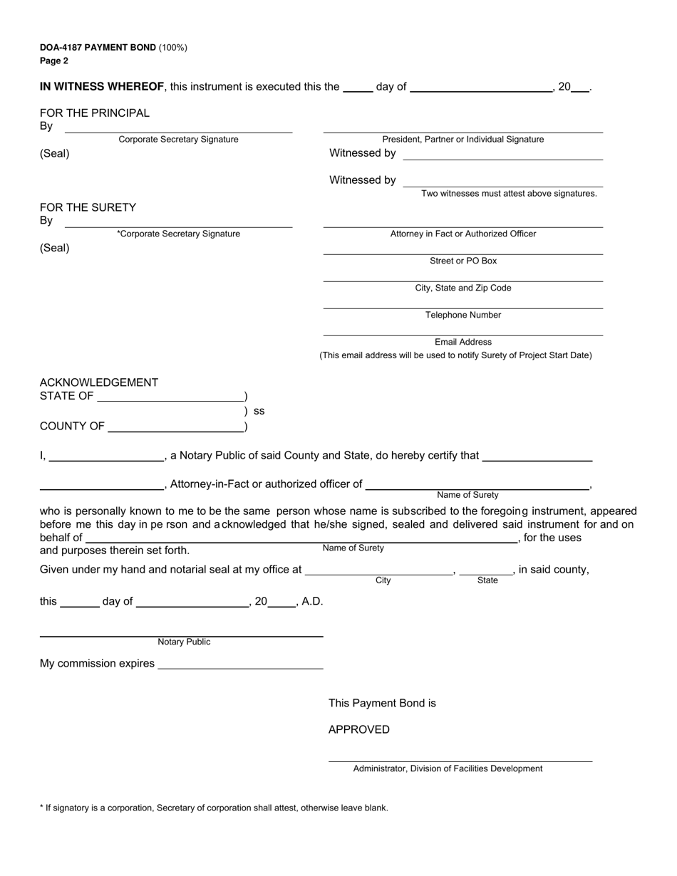 Form DOA-4187 Download Printable PDF or Fill Online Payment Bond (100% ...