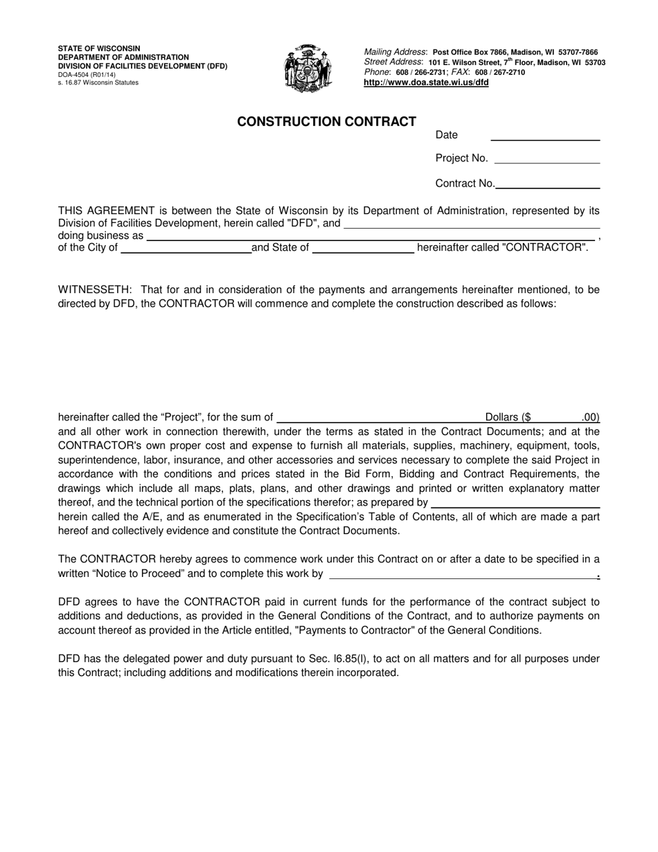 Form DOA-4504 Construction Contract - Wisconsin, Page 1