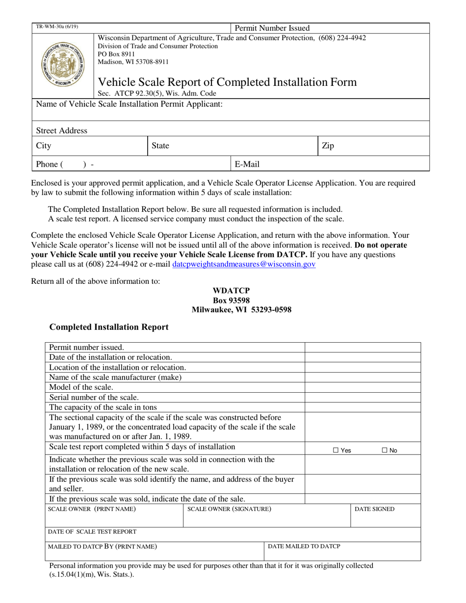 Form TR-WM-30A Vehicle Scale Report of Completed Installation Form - Wisconsin, Page 1