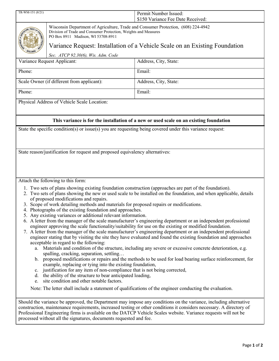 Form TR-WM-151 Variance Request: Installation of a Vehicle Scale on an Existing Foundation - Wisconsin, Page 1