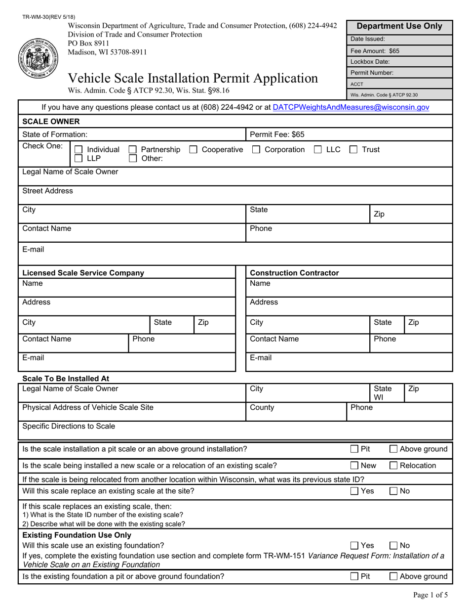 Form TR-WM-30 Vehicle Scale Installation Permit Application - Wisconsin, Page 1
