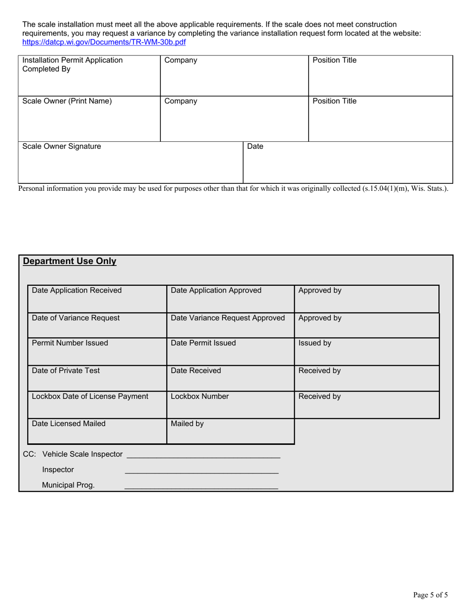 Form TR-WM-30 Vehicle Scale Installation Permit Application - Wisconsin, Page 5