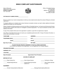 Form DOA-11638 Bingo Complaint Questionnaire - Wisconsin