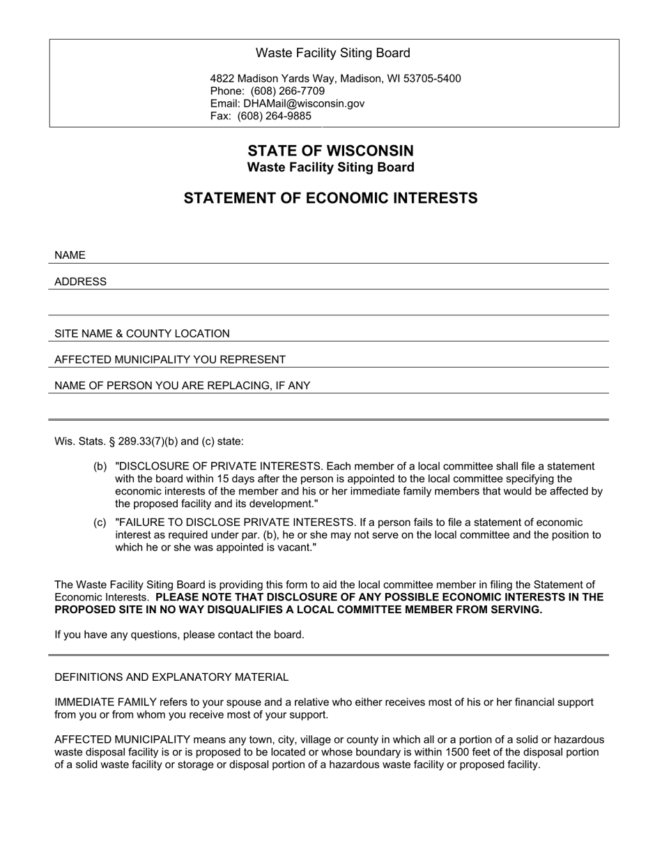 Form DHA-WFSB1 Statement of Economic Interests - Waste Facility Siting Board - Wisconsin, Page 1
