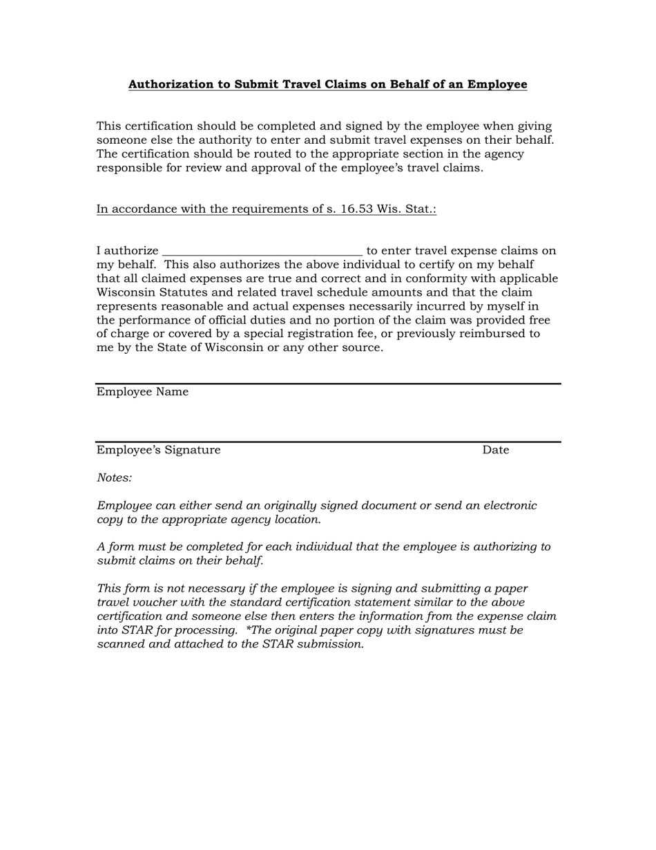 Form DOA-6470 Authorization to Submit Travel Claims on Behalf of an Employee - Wisconsin, Page 1
