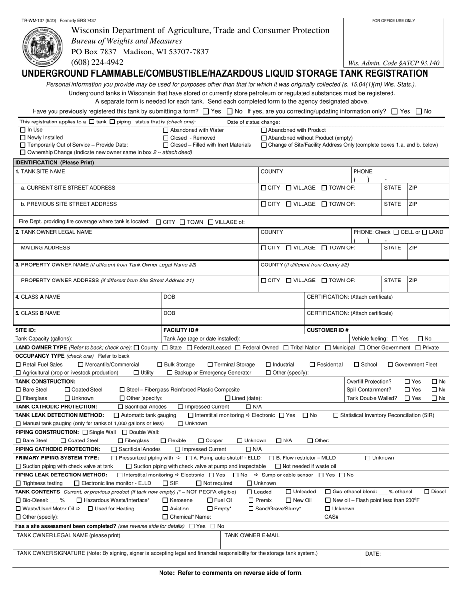 Form TR-WM-137 Underground Flammable / Combustible / Hazardous Liquid Storage Tank Registration - Wisconsin, Page 1