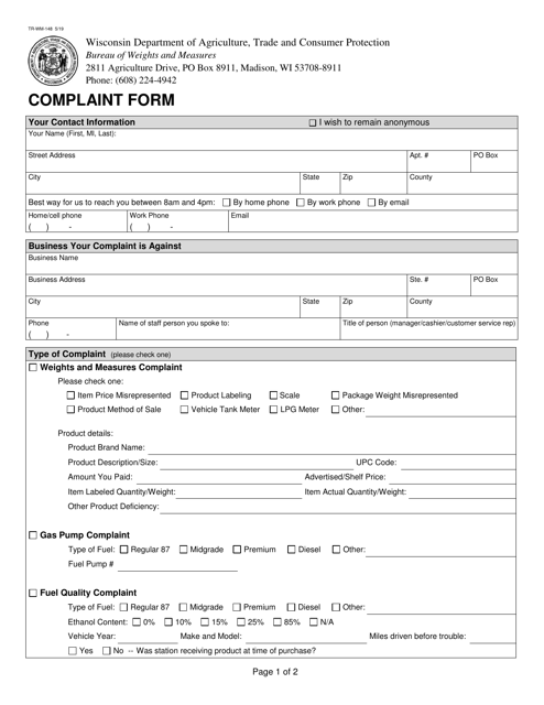 Form TR-WM-148 Weights and Measures Complaint Form - Wisconsin
