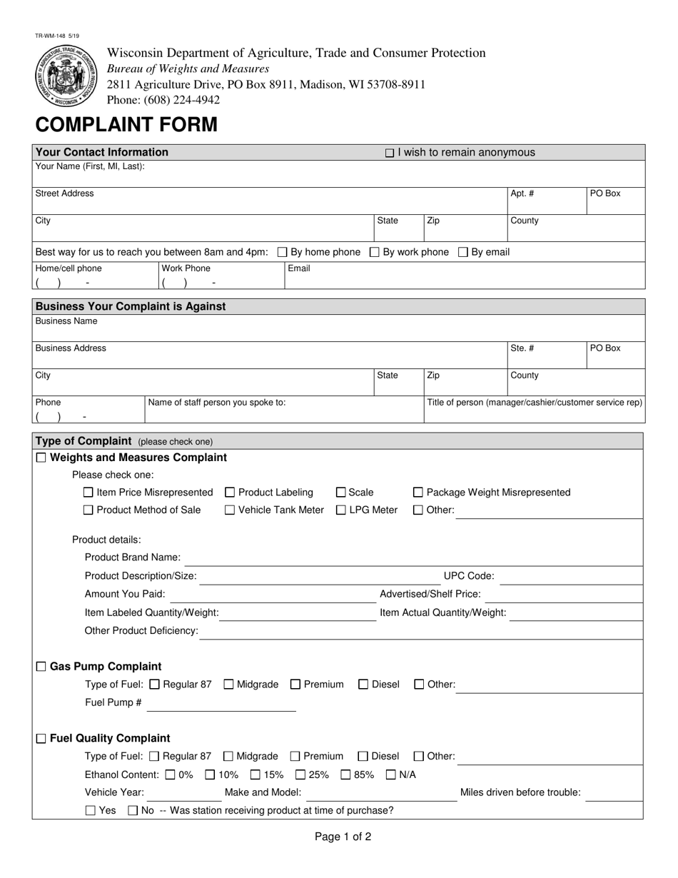 Form TR-WM-148 Weights and Measures Complaint Form - Wisconsin, Page 1