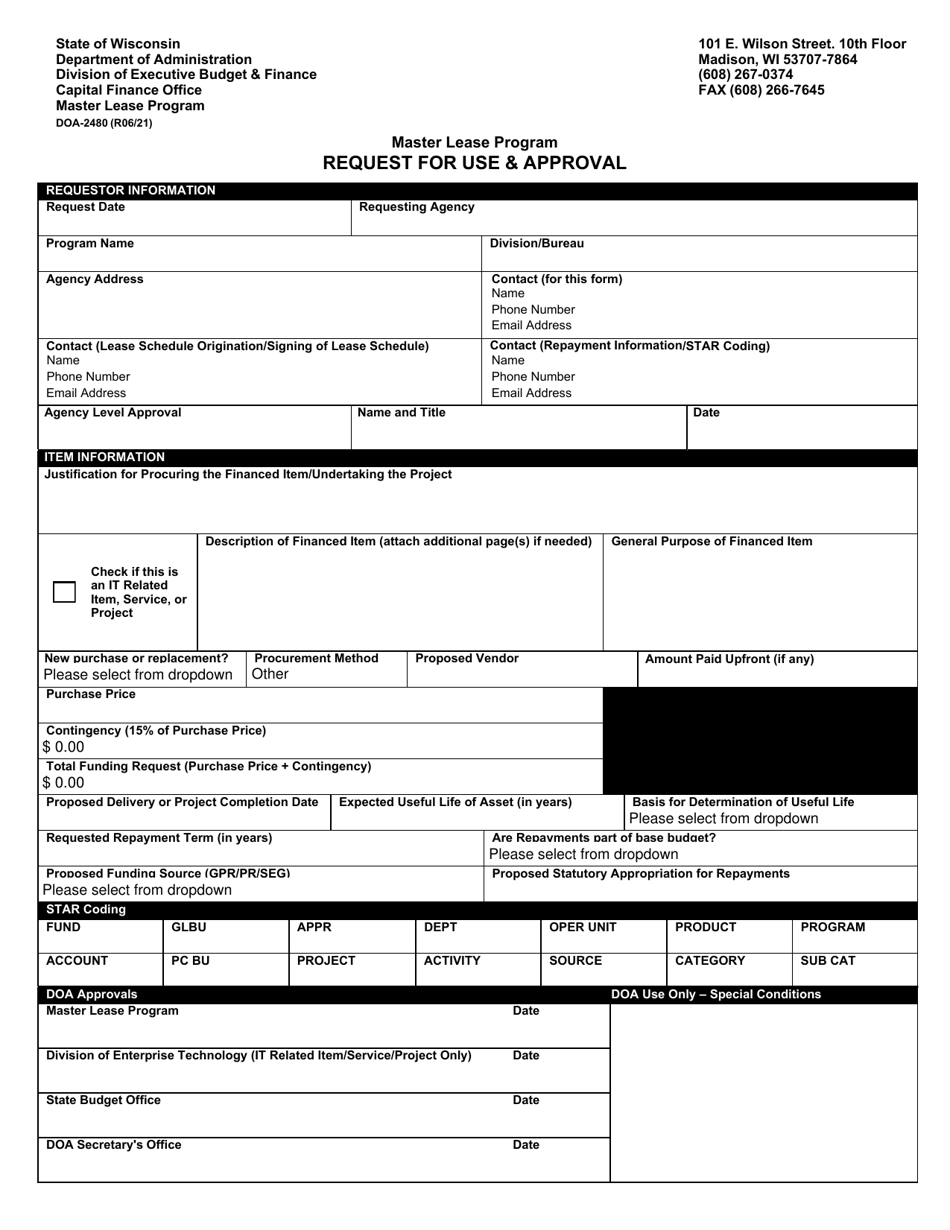 Form DOA-2480 Request for Use  Approval - Master Lease Program - Wisconsin, Page 1