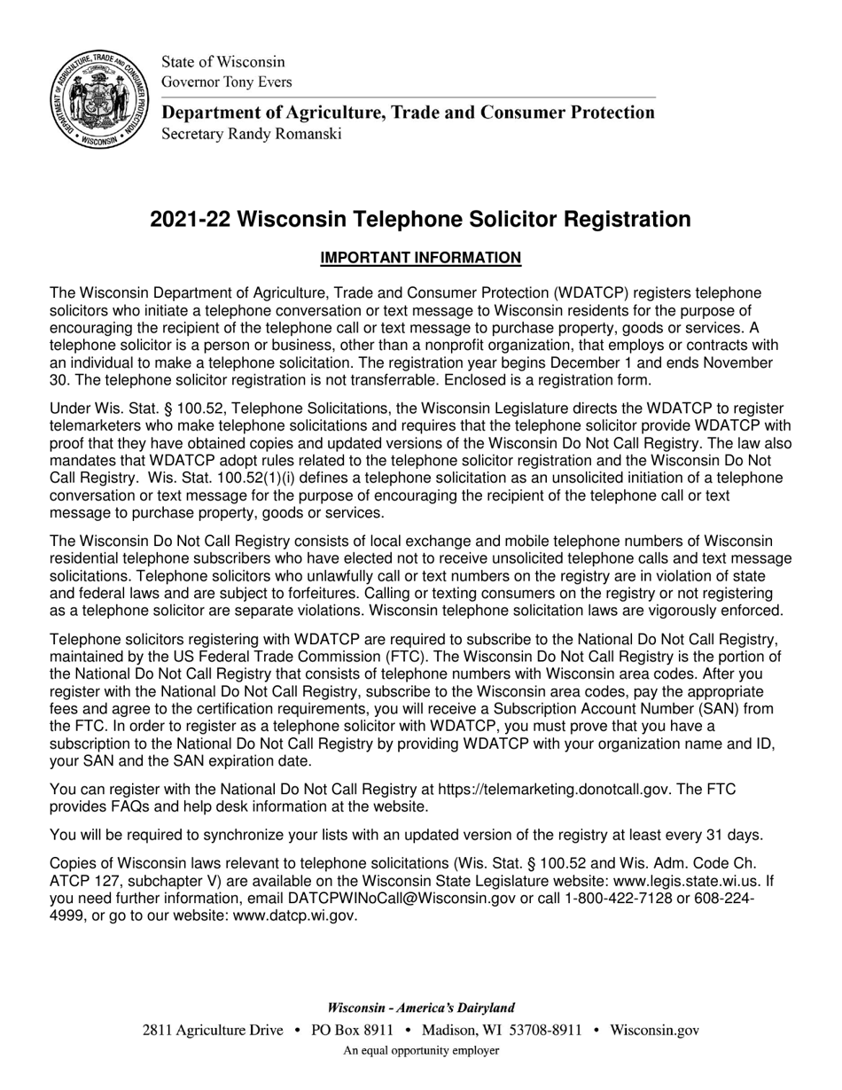 Wisconsin Telephone Solicitor Registration - Wisconsin, Page 1