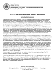 Document preview: Wisconsin Telephone Solicitor Registration - Wisconsin, 2022