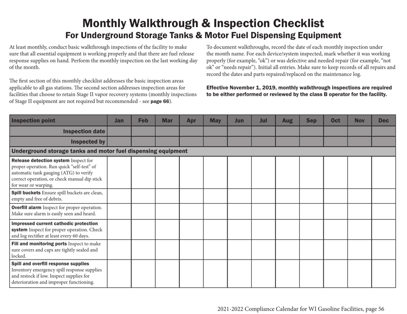 Form SB-201-E Monthly Walkthrough & Inspection Checklist for Underground Storage Tanks & Motor Fuel Dispensing Equipment - Wisconsin, 2022