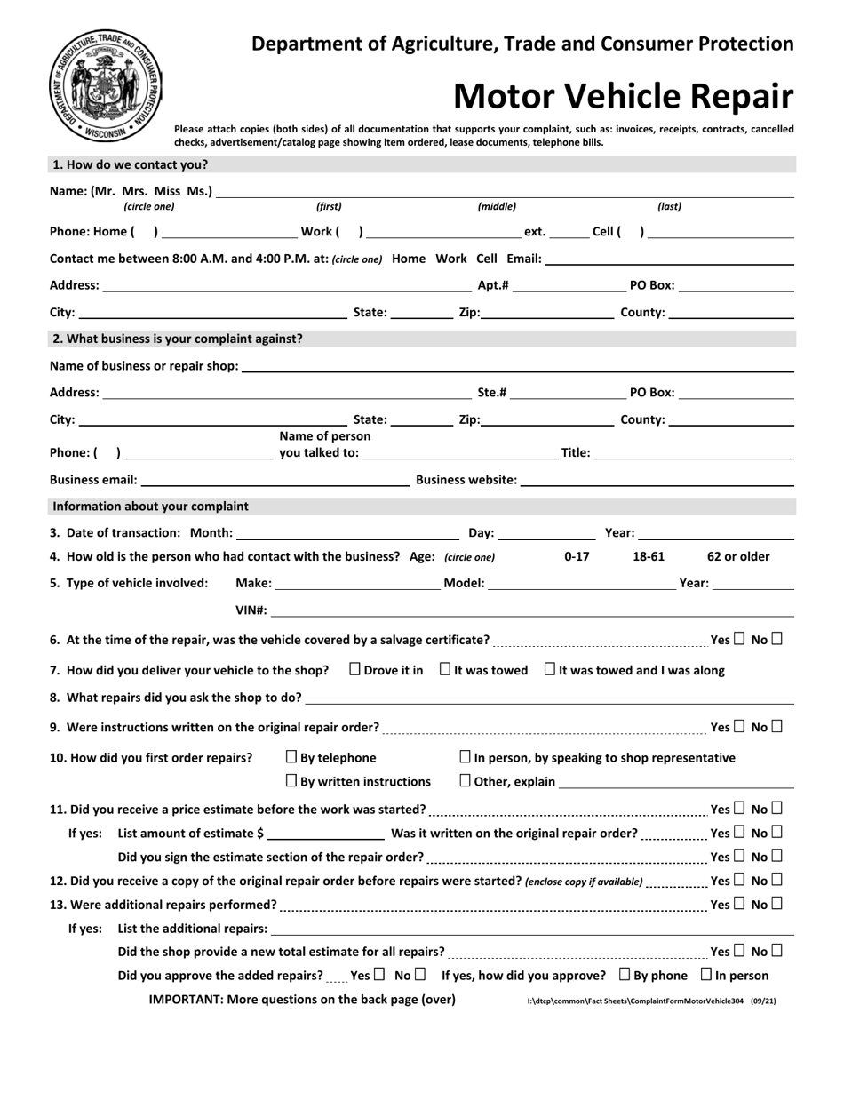 Wisconsin Motor Vehicle Repair Complaint Fill Out, Sign Online and Download PDF Templateroller