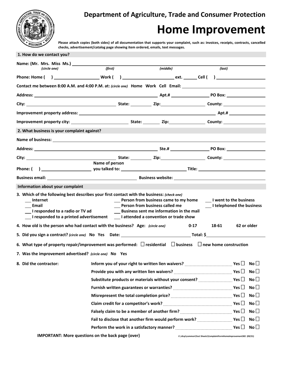 Home Improvement Complaint - Wisconsin, Page 1