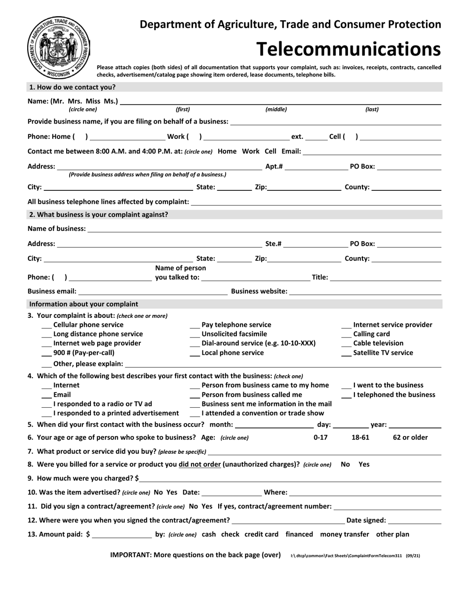 Telecommunications Complaint - Wisconsin, Page 1