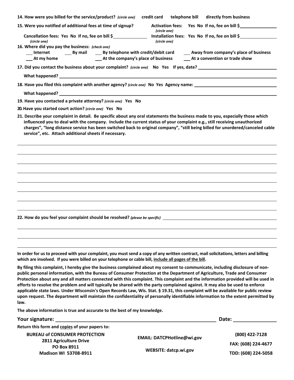 Wisconsin Telecommunications Complaint - Fill Out, Sign Online and ...