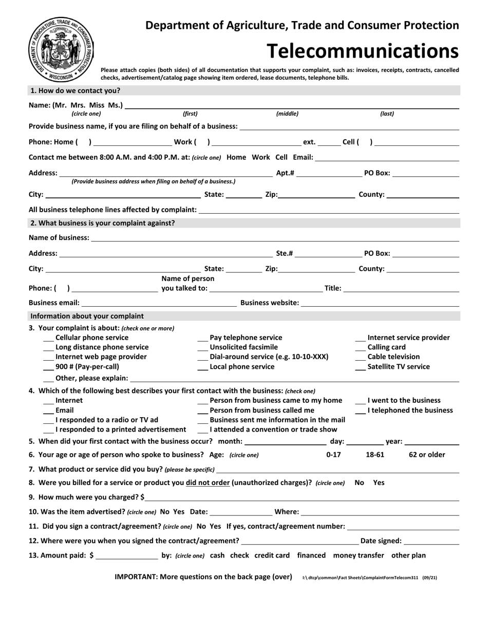 Wisconsin telecommunications complaint fill out sign online and
