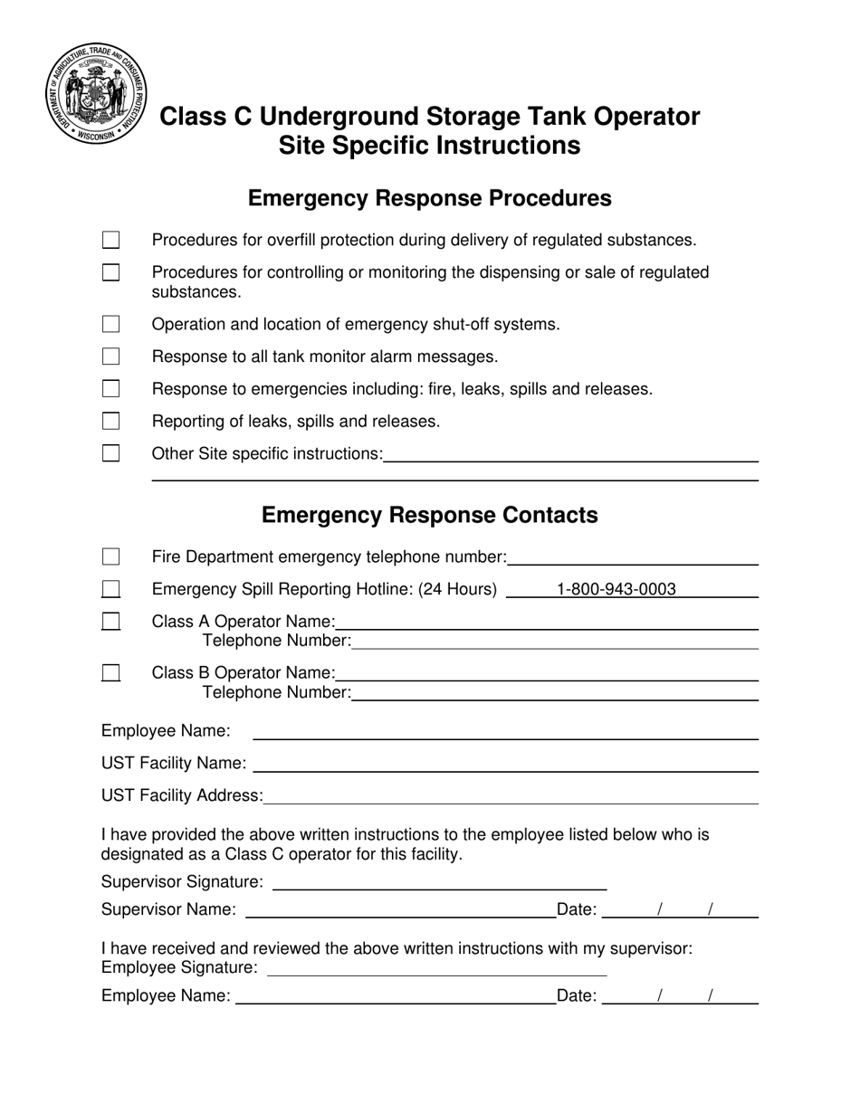 Class C Underground Storage Tank Operator Site Specific Instructions - Wisconsin, Page 1