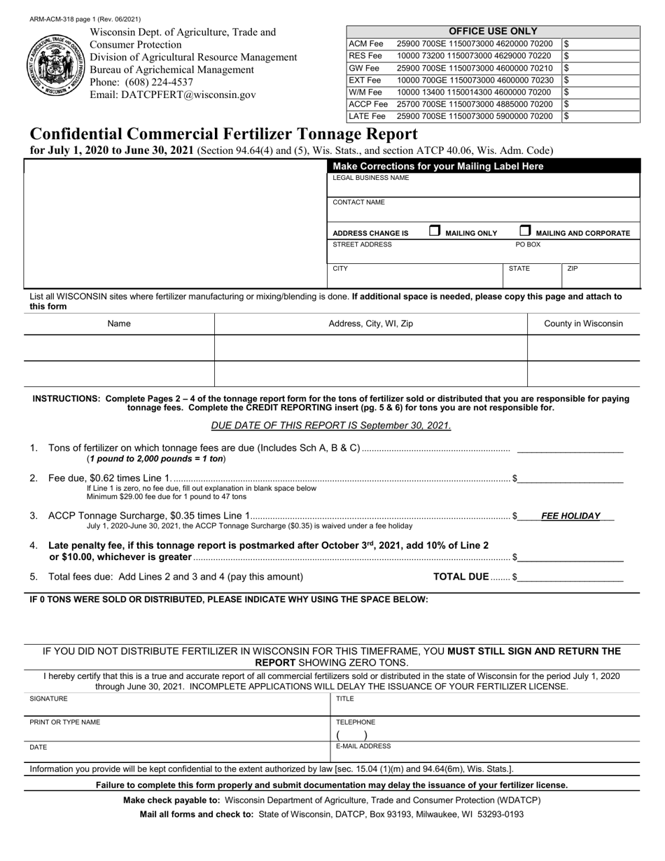 Form ARM-ACM-318 Confidential Commercial Fertilizer Tonnage Report - Wisconsin, Page 1