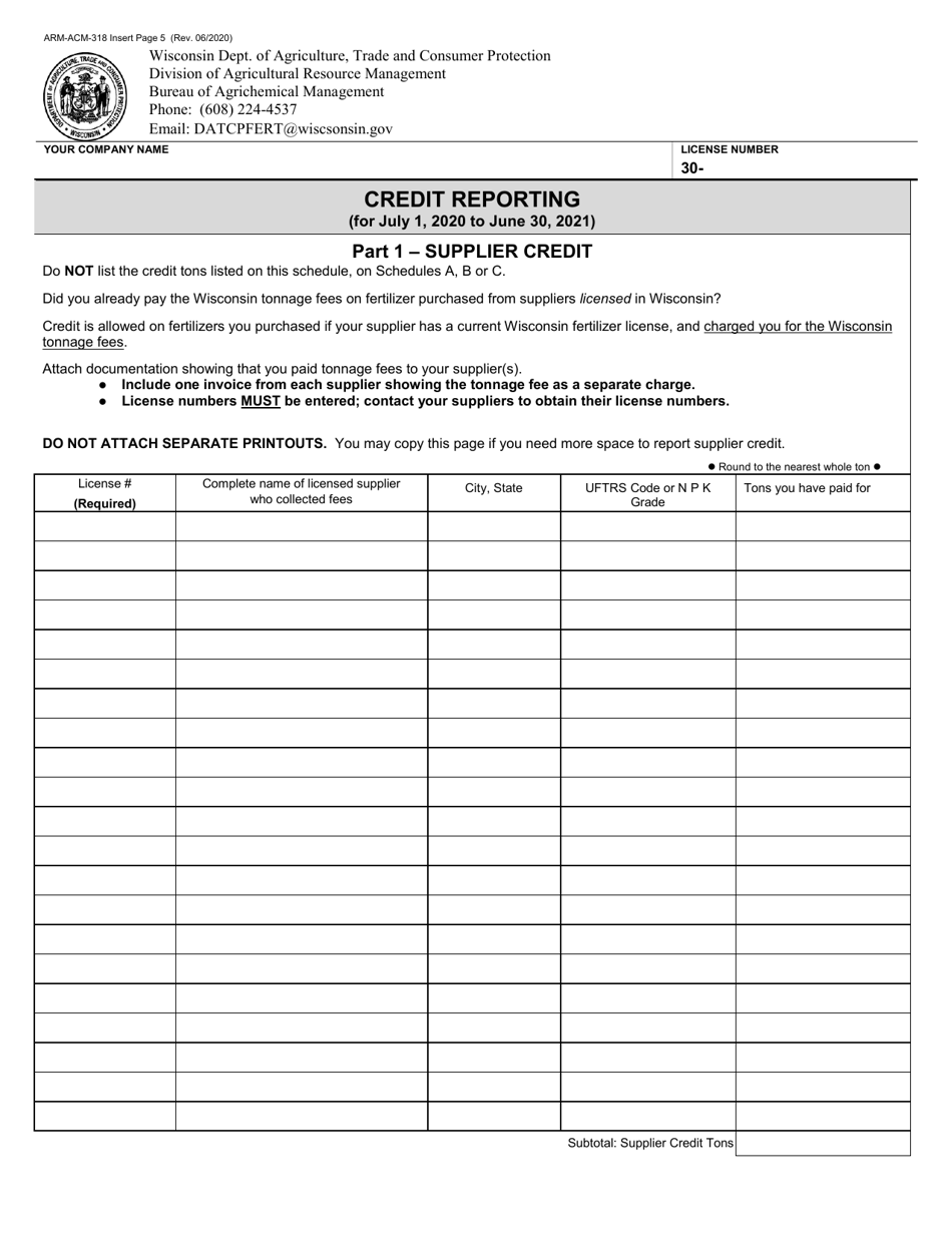 Form ARM-ACM-318 Confidential Commercial Fertilizer Tonnage Report - Wisconsin, Page 5
