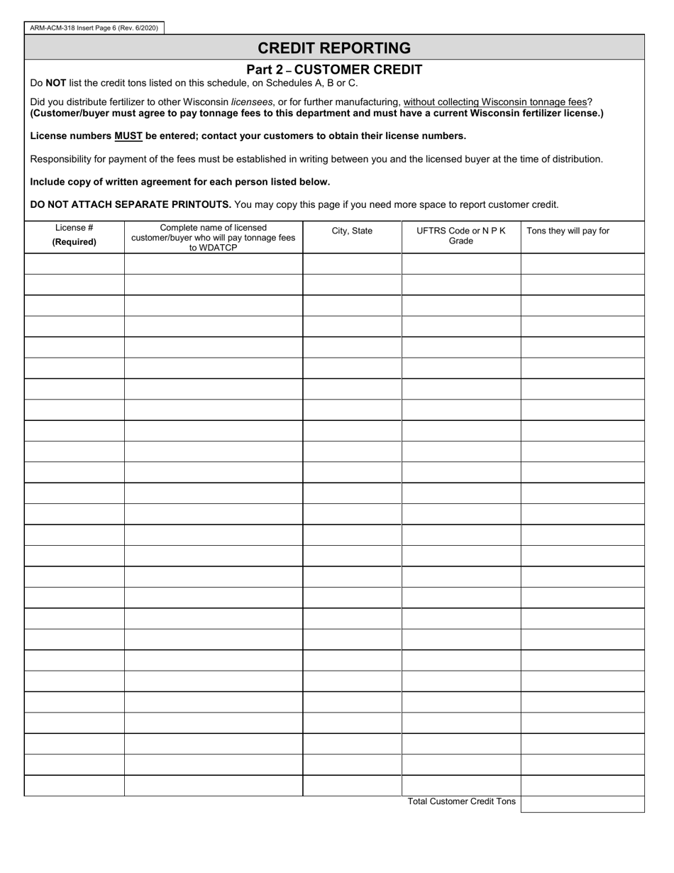 Form ARM-ACM-318 Confidential Commercial Fertilizer Tonnage Report - Wisconsin, Page 6