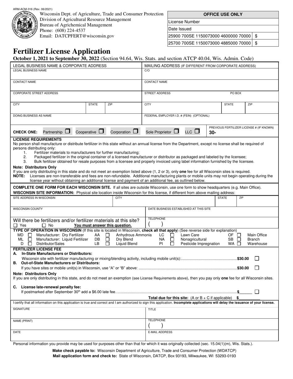 Form ARM-ACM-316 Fertilizer License Application - Wisconsin, Page 1