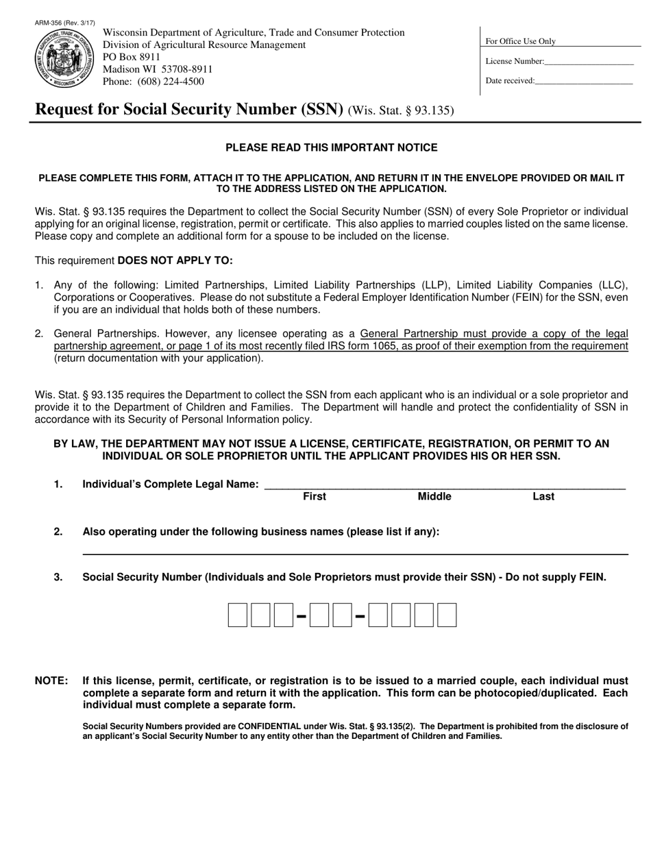 Form ARM-356 Request for Social Security Number (Ssn) - Wisconsin, Page 1