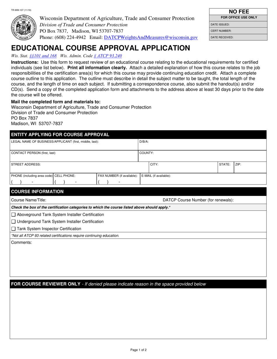 Form TR-WM-107 Educational Course Approval Application - Wisconsin, Page 1