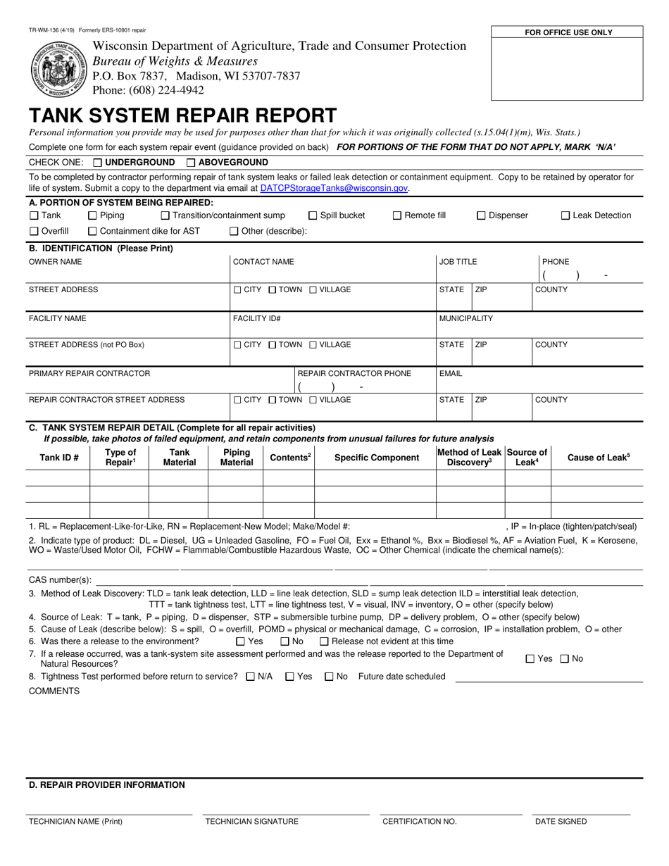 Form TR-WM-136 Tank System Repair Report - Wisconsin, Page 1
