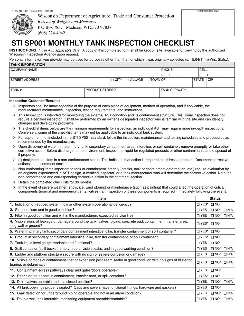 Form TR-WM-128 Sti Sp001 Monthly Tank Inspection Checklist - Wisconsin, Page 1