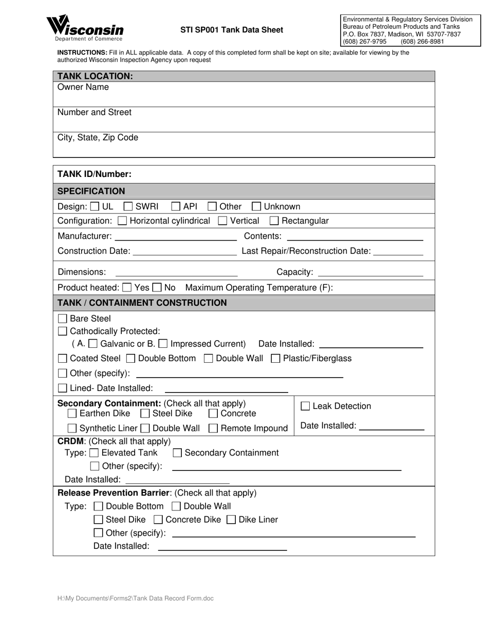 Wisconsin Sti Sp001 Tank Data Sheet - Fill Out, Sign Online and ...