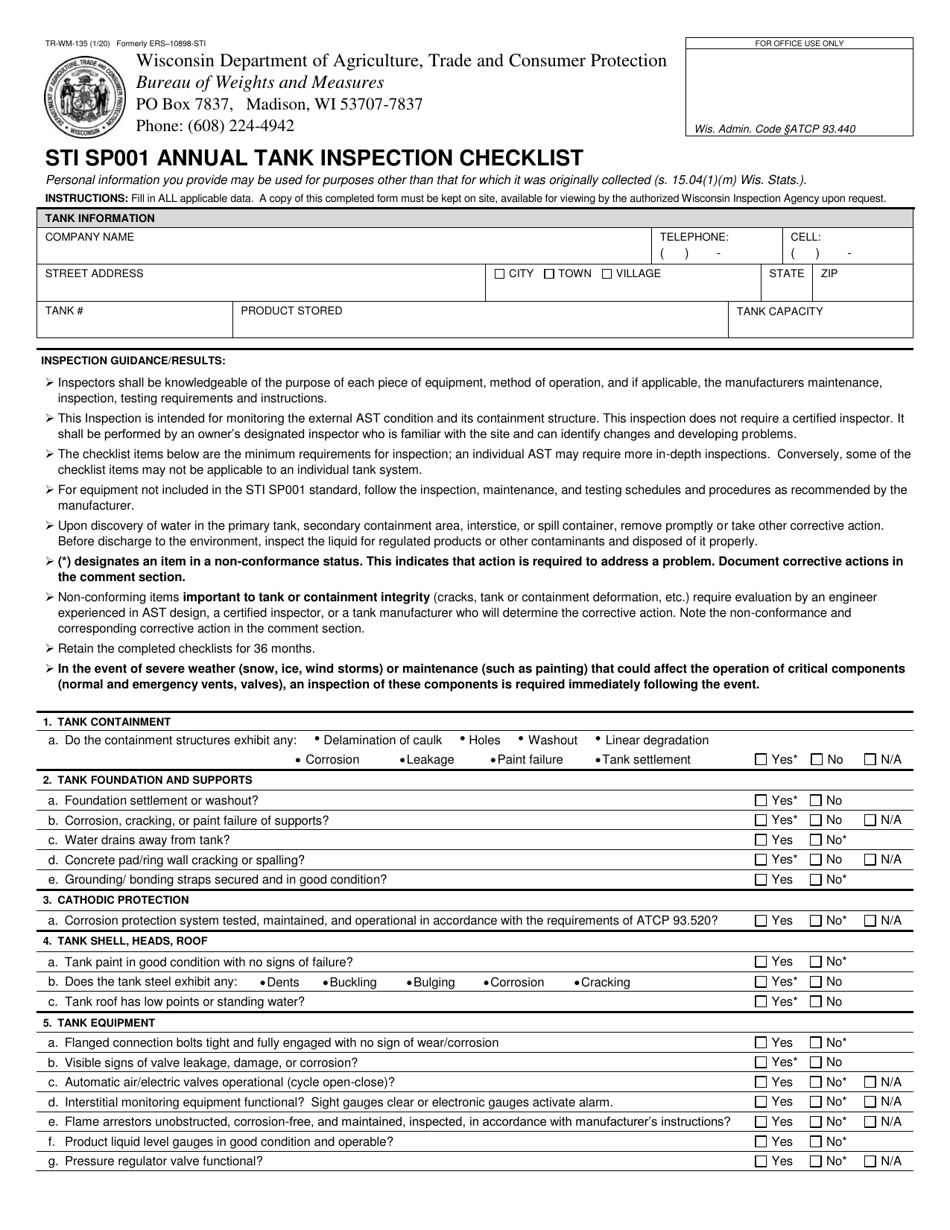 Form TR-WM-135 Sti Sp001 Annual Tank Inspection Checklist - Wisconsin, Page 1