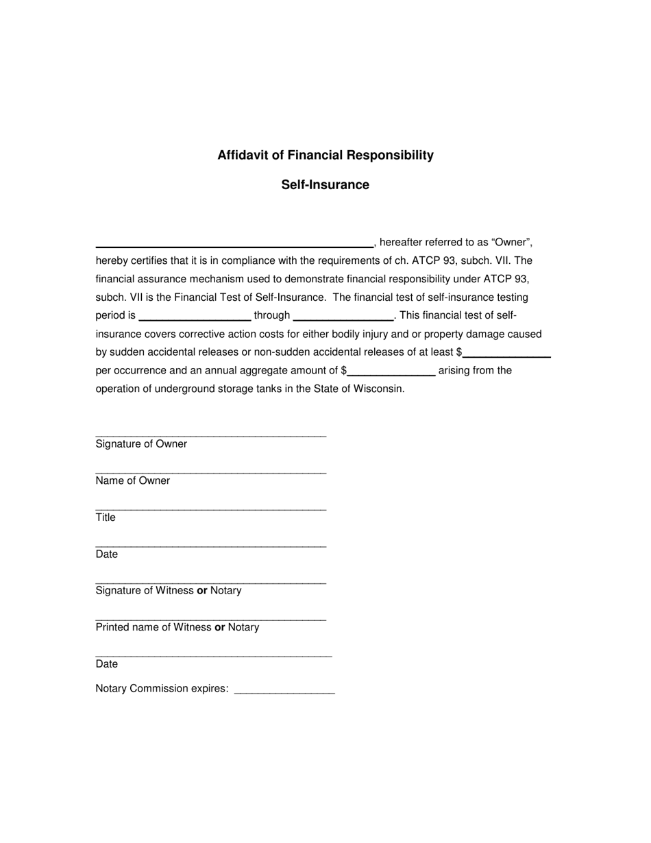 Affidavit of Financial Responsibility - Self-insurance - Wisconsin, Page 1