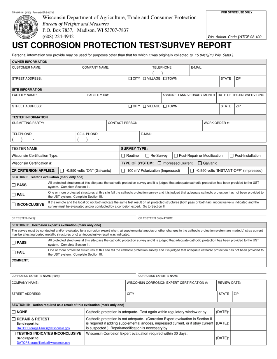 Form TR-WM-141 Ust Corrosion Protection Test / Survey Report - Wisconsin, Page 1