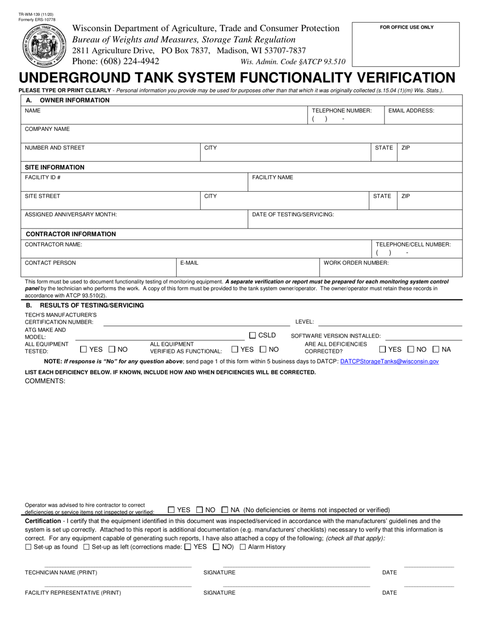 Form TR-WM-139 Underground Tank System Functionality Verification - Wisconsin, Page 1