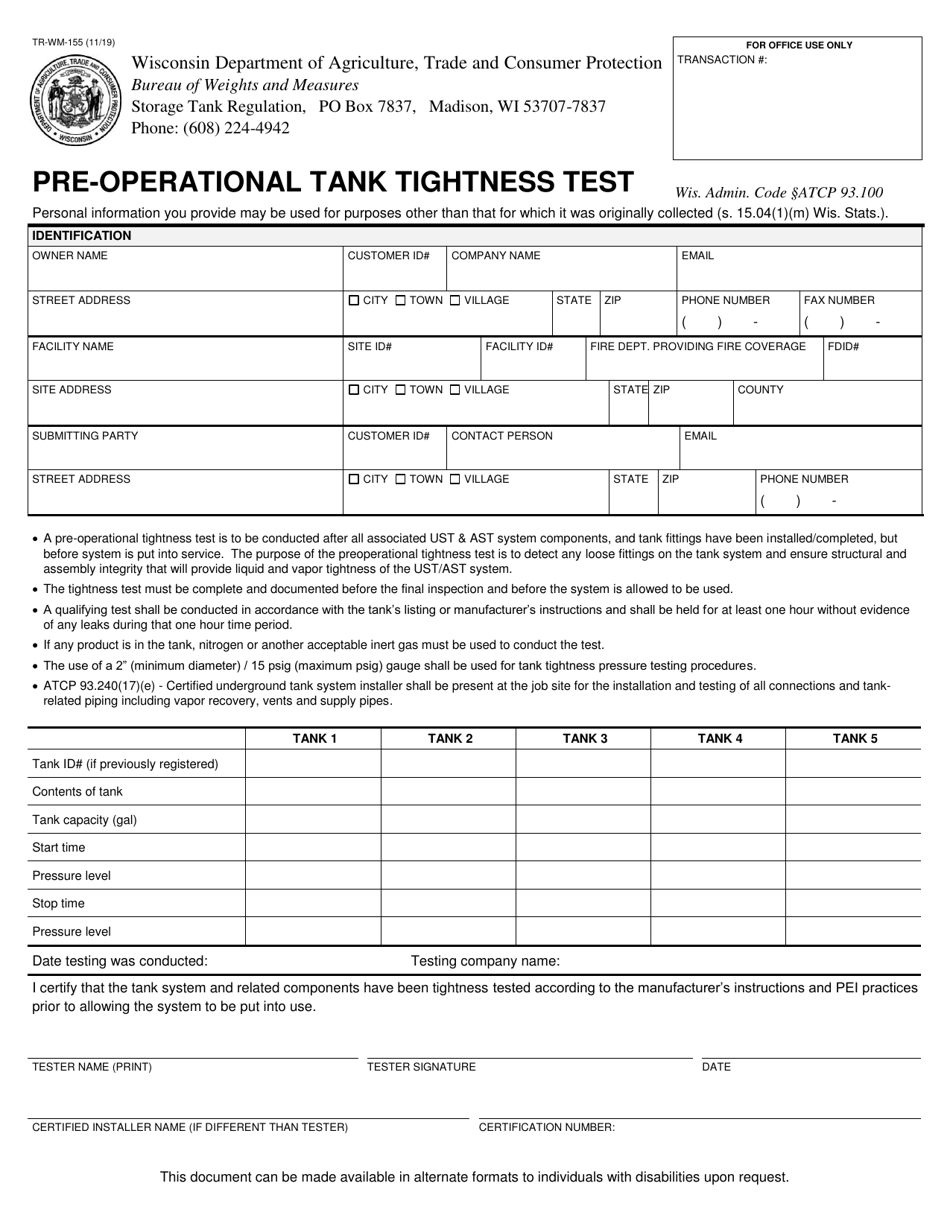 Form TR-WM-155 Pre-operational Tank Tightness Test - Wisconsin, Page 1