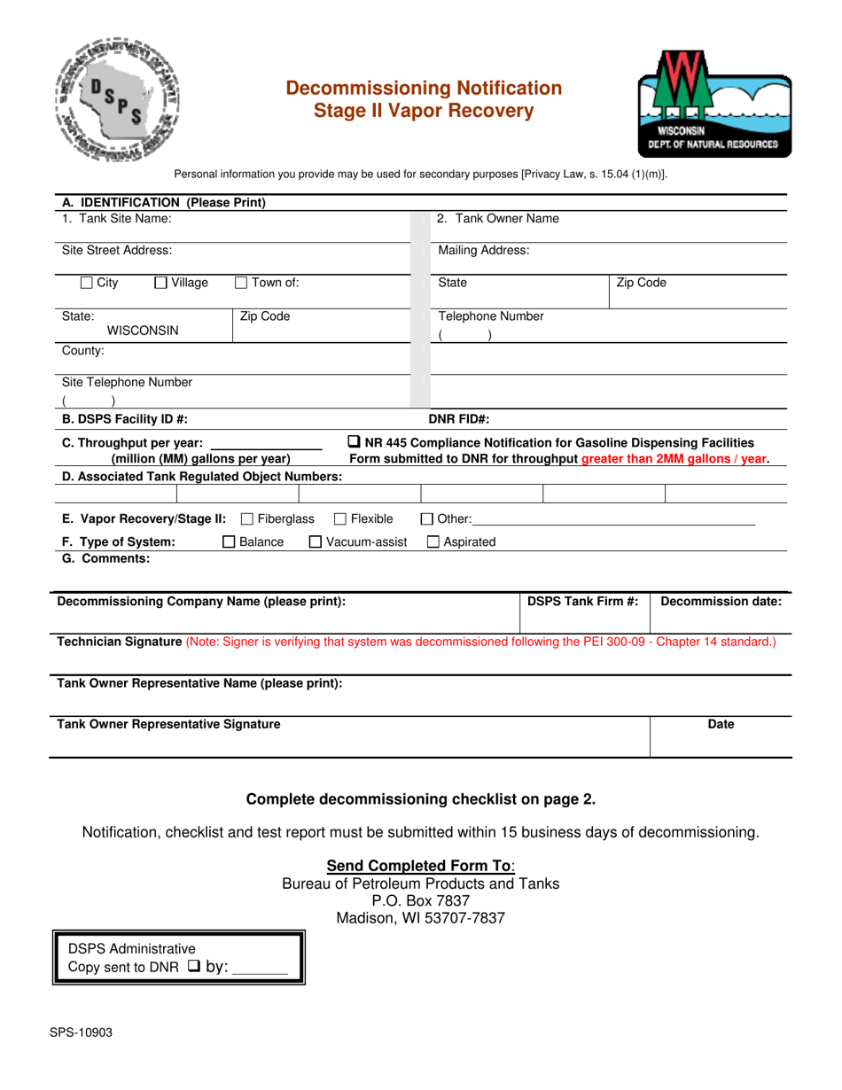 Form SPS-10903 Decommissioning Notification Stage II Vapor Recover - Wisconsin, Page 1