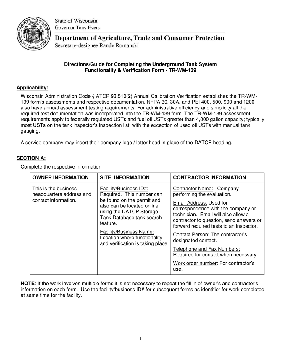 Instructions for Form TR-WM-139 Underground Tank System Functionality Verification - Wisconsin, Page 1