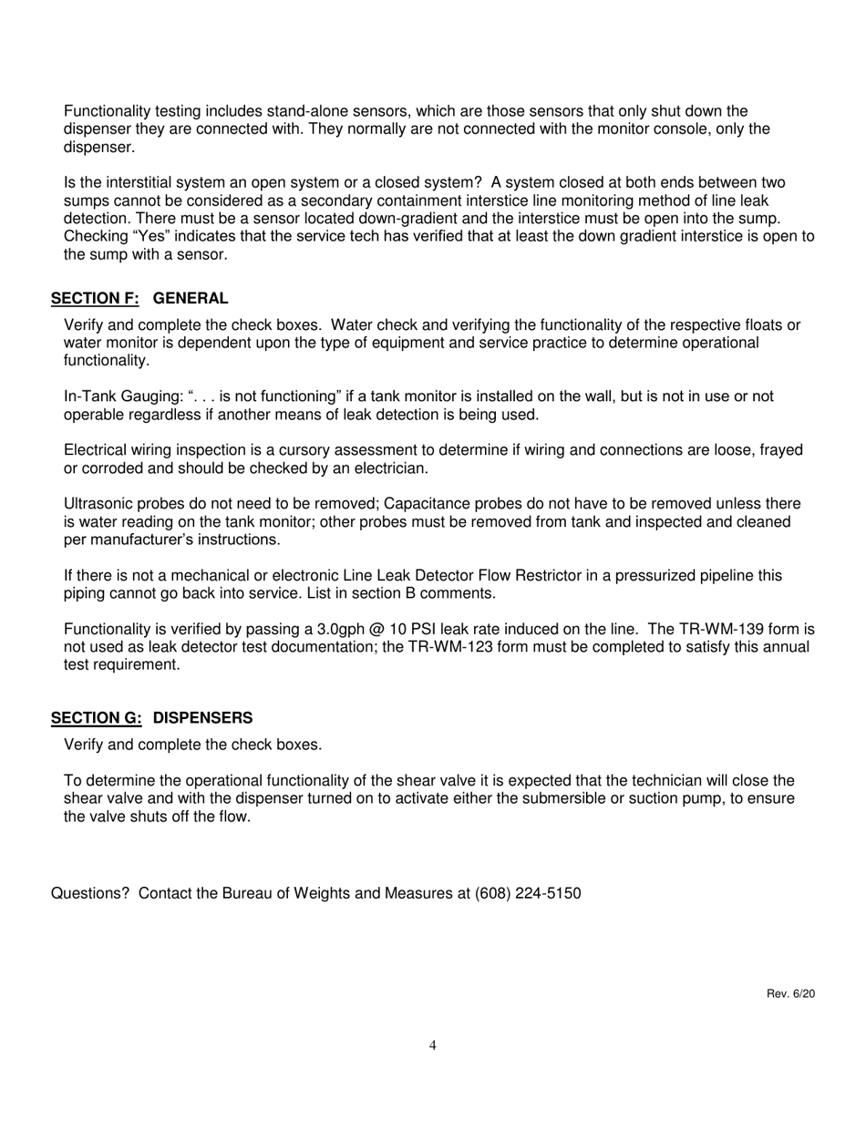 Instructions for Form TR-WM-139 Underground Tank System Functionality Verification - Wisconsin, Page 4