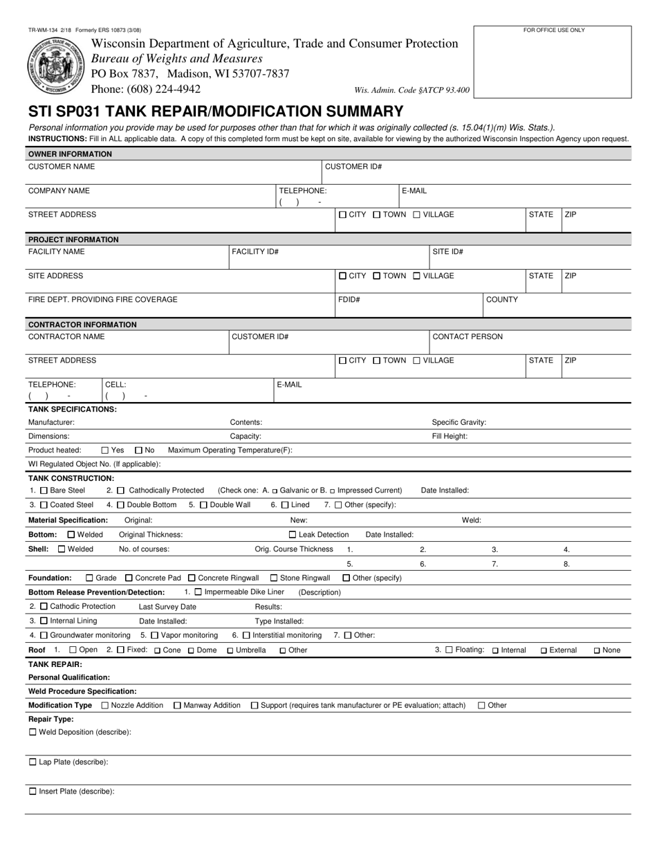Form TR-WM-134 Sti Sp031 Tank Repair / Modification Summary - Wisconsin, Page 1