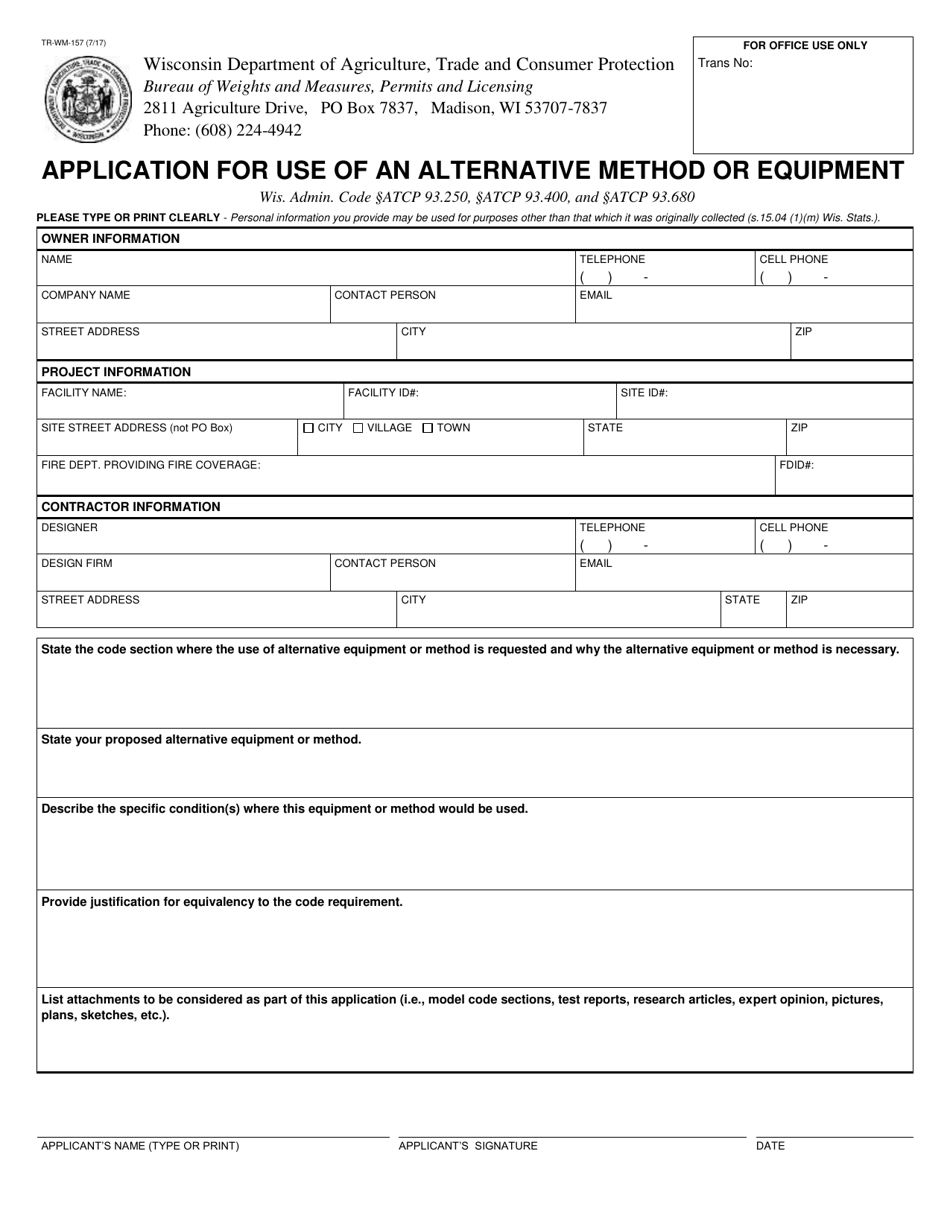 Form TR-WM-157 Application for Use of an Alternative Method or Equipment - Wisconsin, Page 1