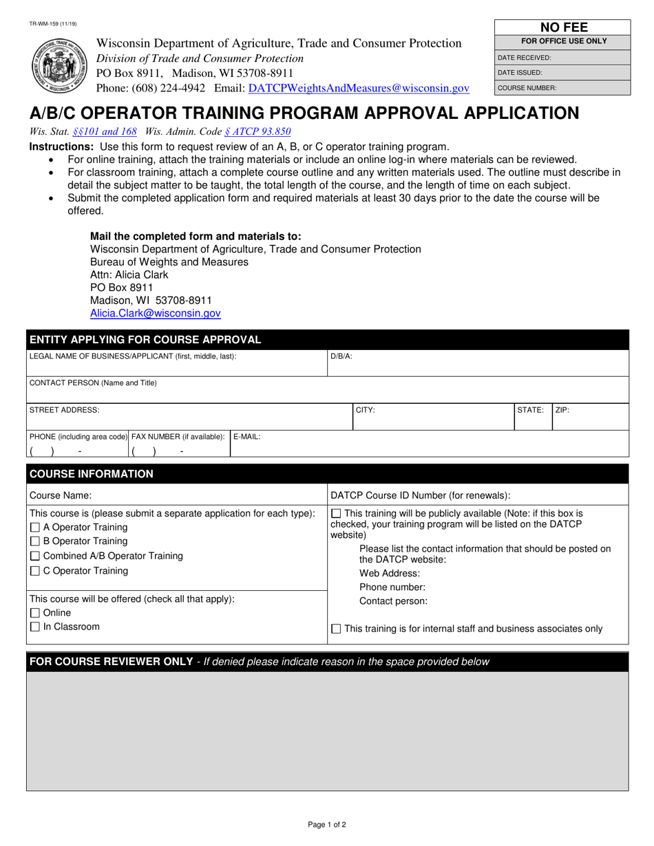 Form TR-WM-159 A / B / C Operator Training Program Approval Application - Wisconsin, Page 1