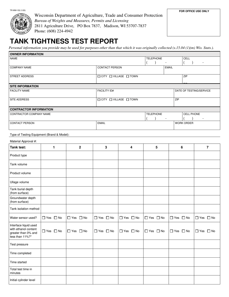 Form TR-WM-152 Tank Tightness Test Report - Wisconsin, Page 1